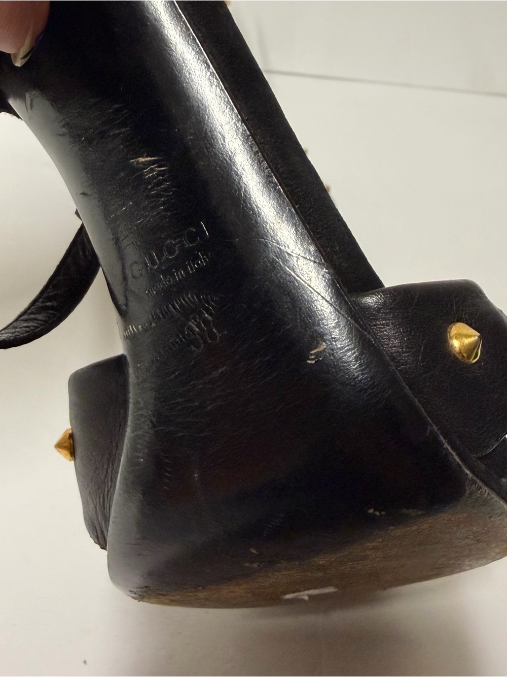 Gucci Black Leather Studded Block Heel Ankle T‑Strap Sandals - Picture 7 of 8